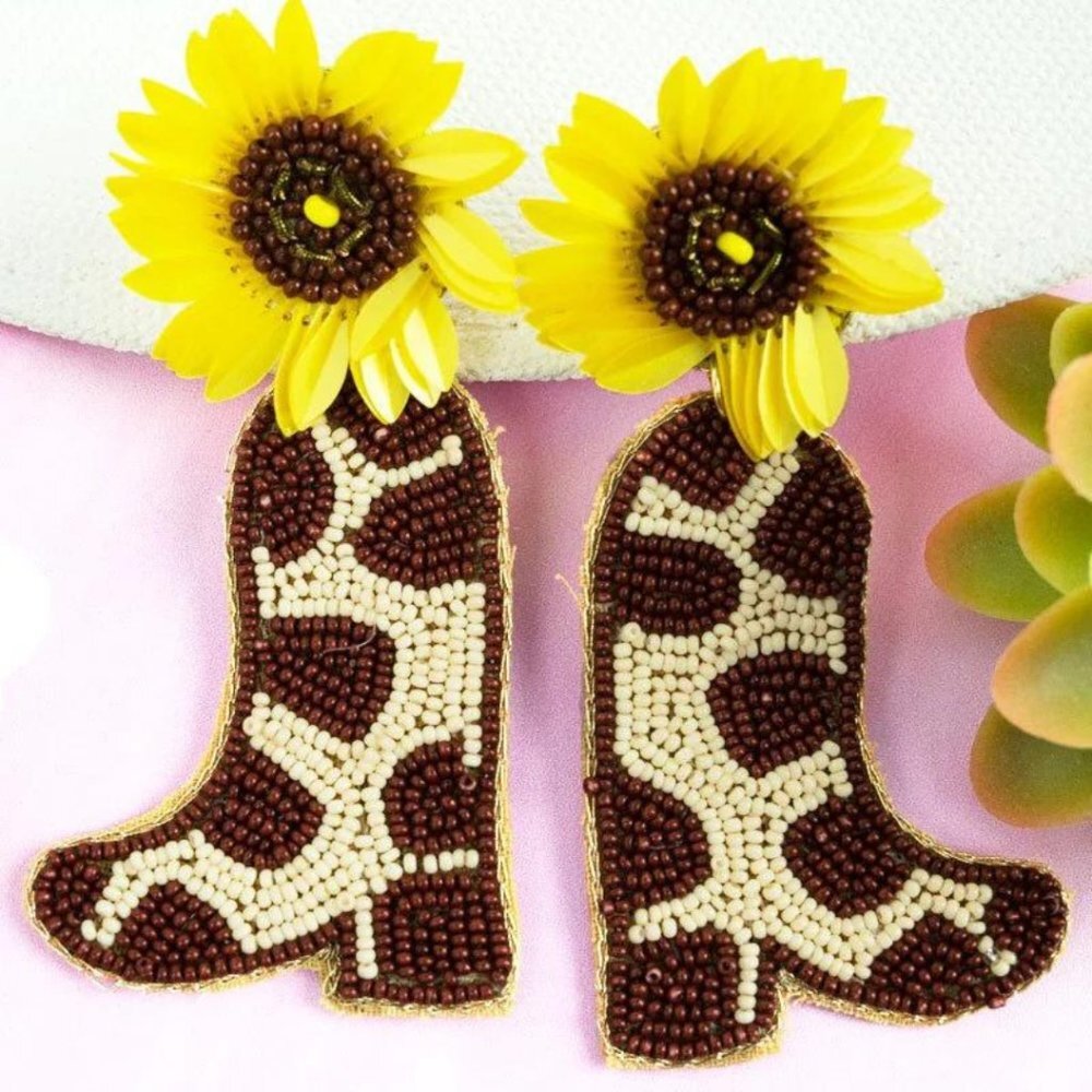 VIOLA Sunflower Brown Cow Print‎ Rodeo Cowboy Boot Seed Bead Earrings NWT
